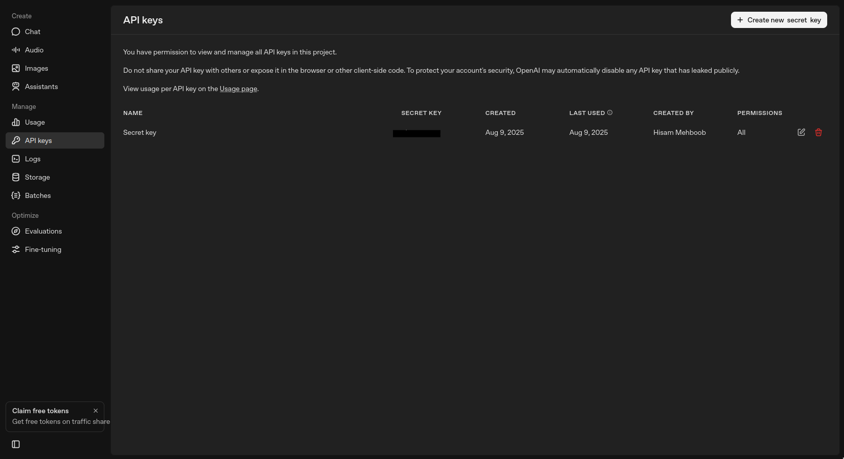 OpenAI Dashboard Screenshot